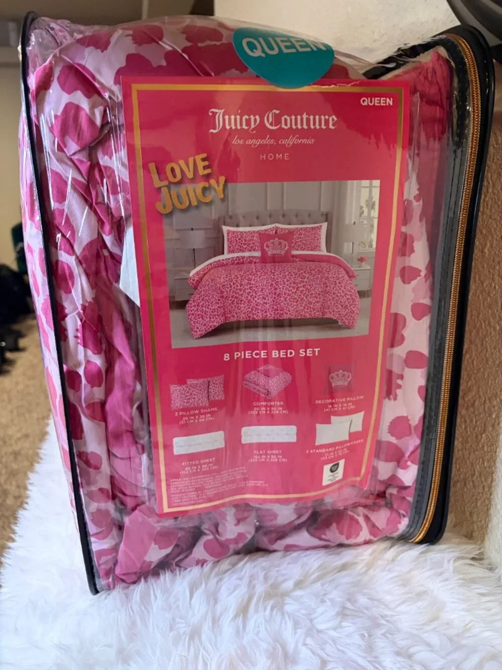 Juicy Couture Love Juicy Pink Leopard Queen 8 Pc Comforter Bed Set NWT